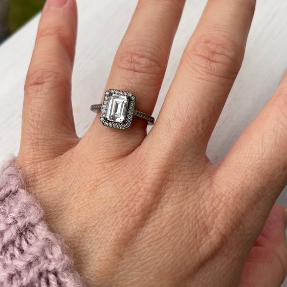 Emerald cut halo pave set simulated Diamond engagement ring. Size 4 - Picture 3 of 3